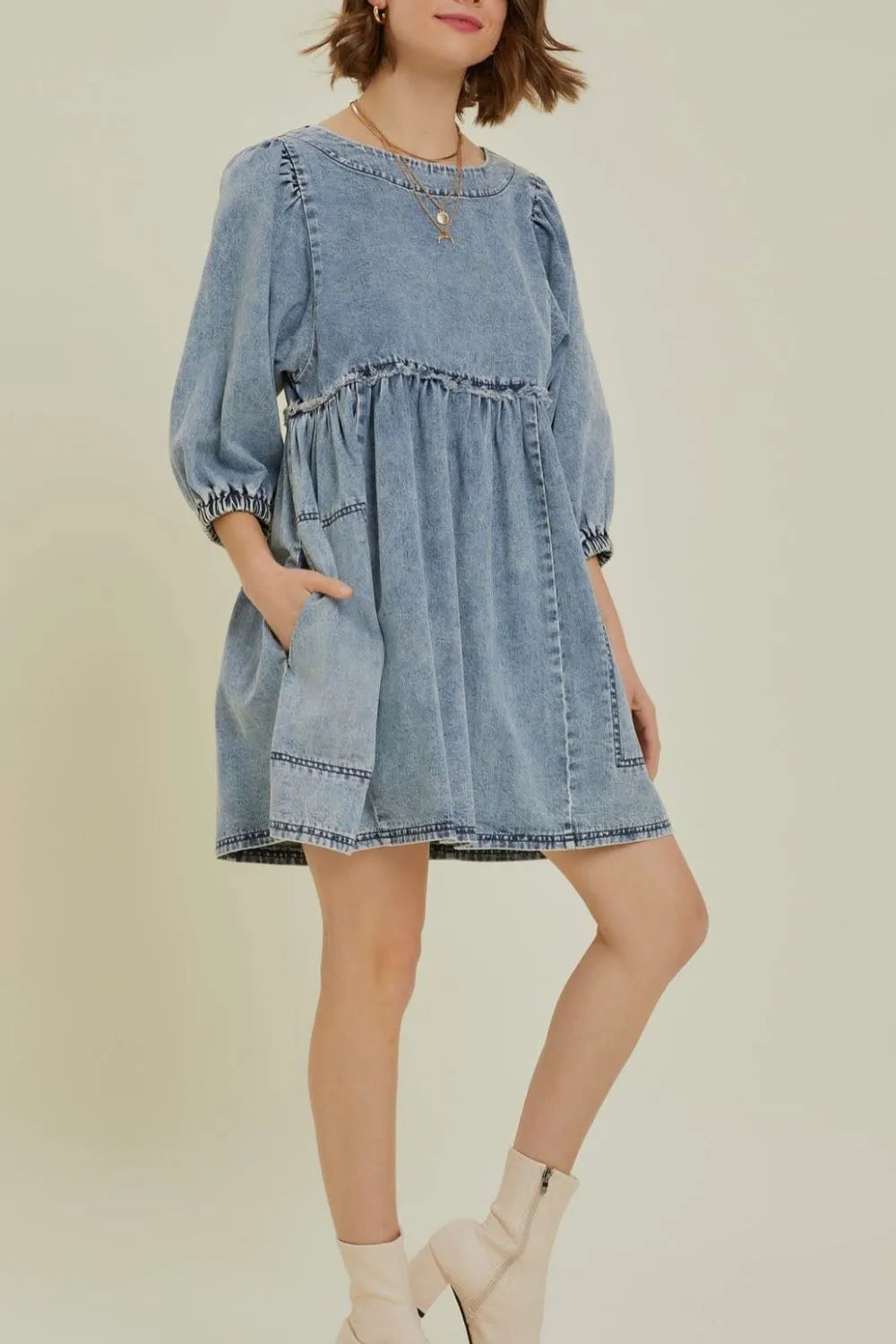 Cutout Round Neck Balloon Sleeve Denim Dress 