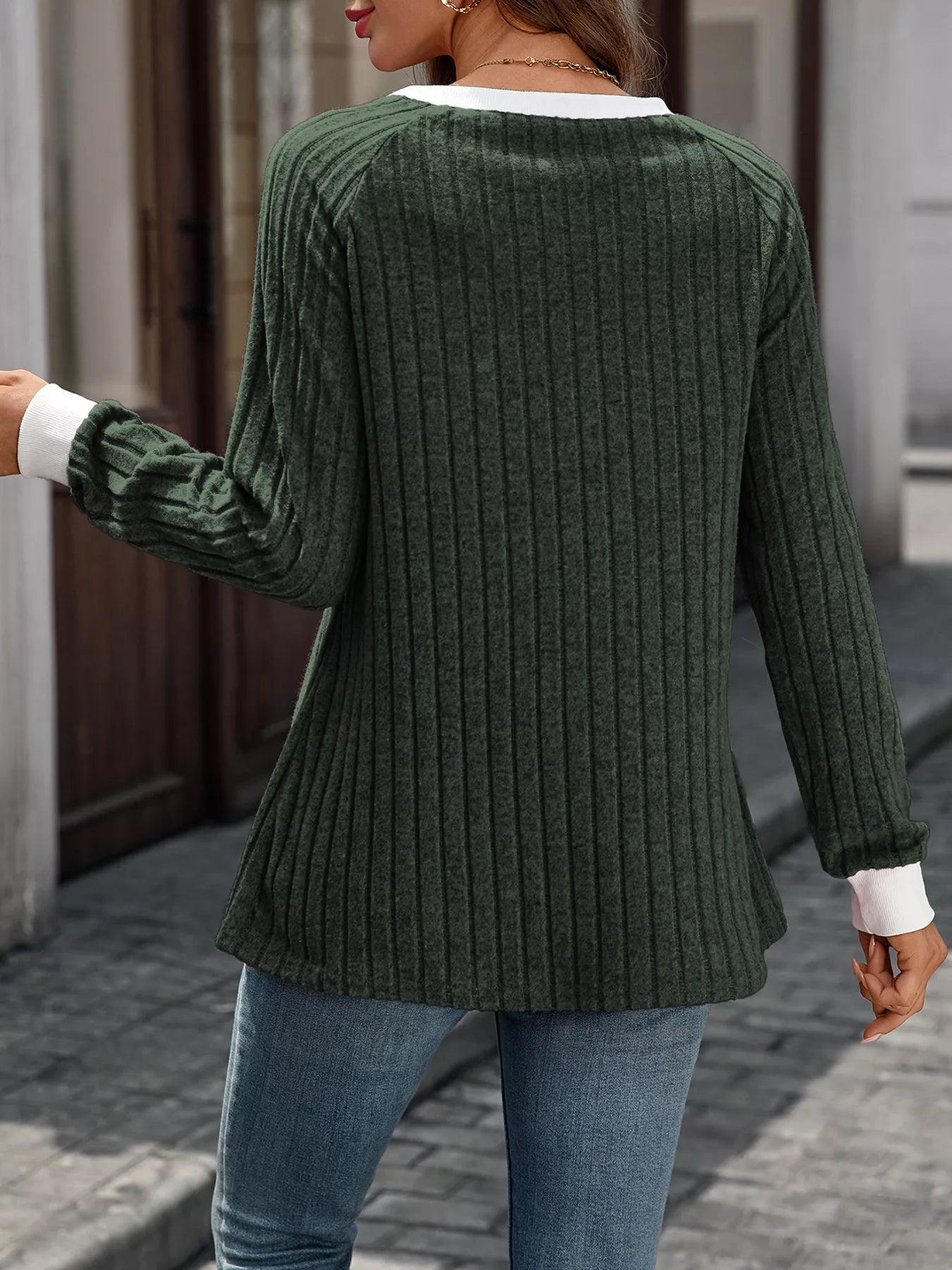 Ribbed Round Neck Raglan Sleeve Knit Top 