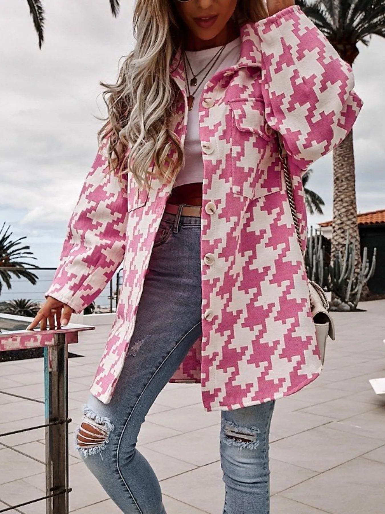 Houndstooth Button Up Long Sleeve Outerwear 