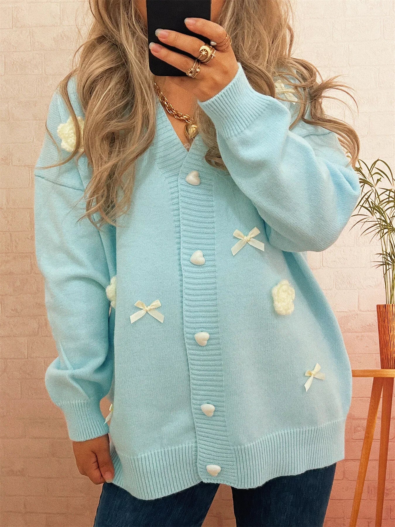 Flower Heart Button Long Sleeve Cardigan 