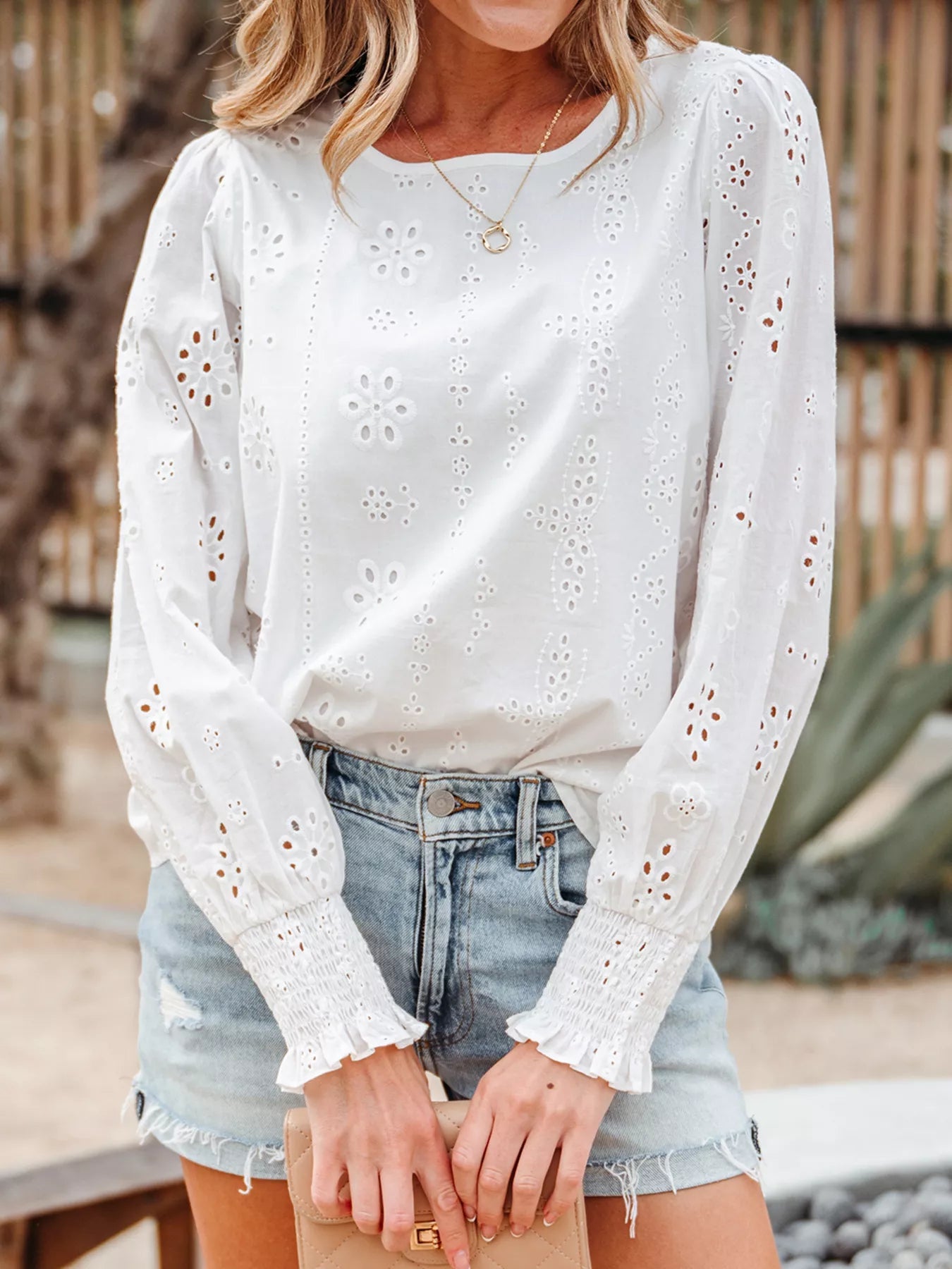 Eyelet Embroidered Smocked Cuff Sheer Blouse 