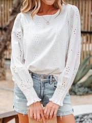Eyelet Embroidered Smocked Cuff Sheer Blouse 