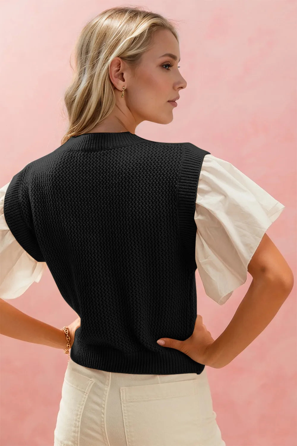 Oh Full Size Ruffled Round Neck Short Sleeve Sweater 