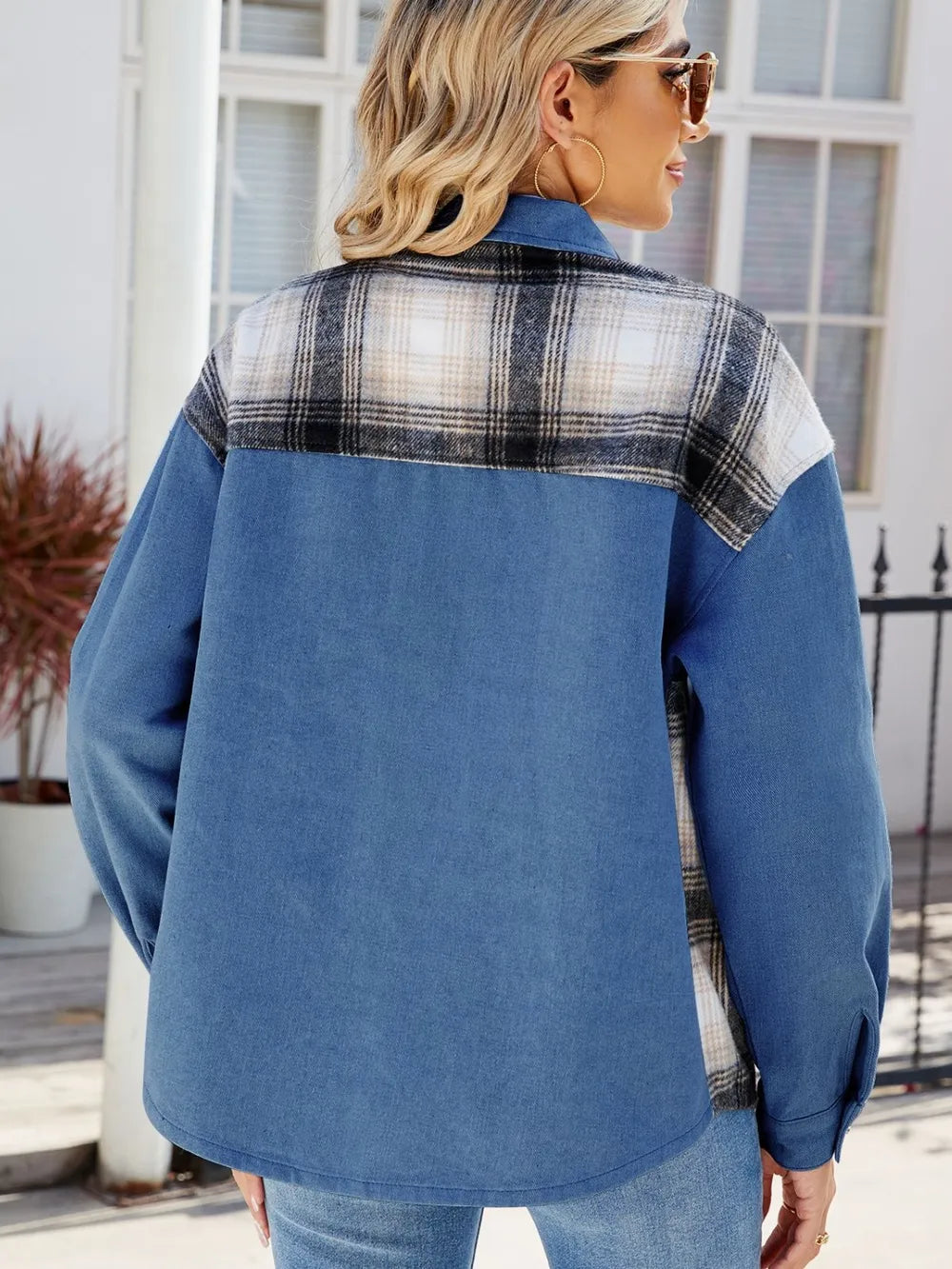 Plaid Button Up Long Sleeve Denim Jacket 