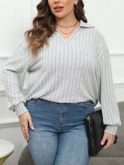 Plus Size Ribbed Knit Polo Collar T-Shirt 