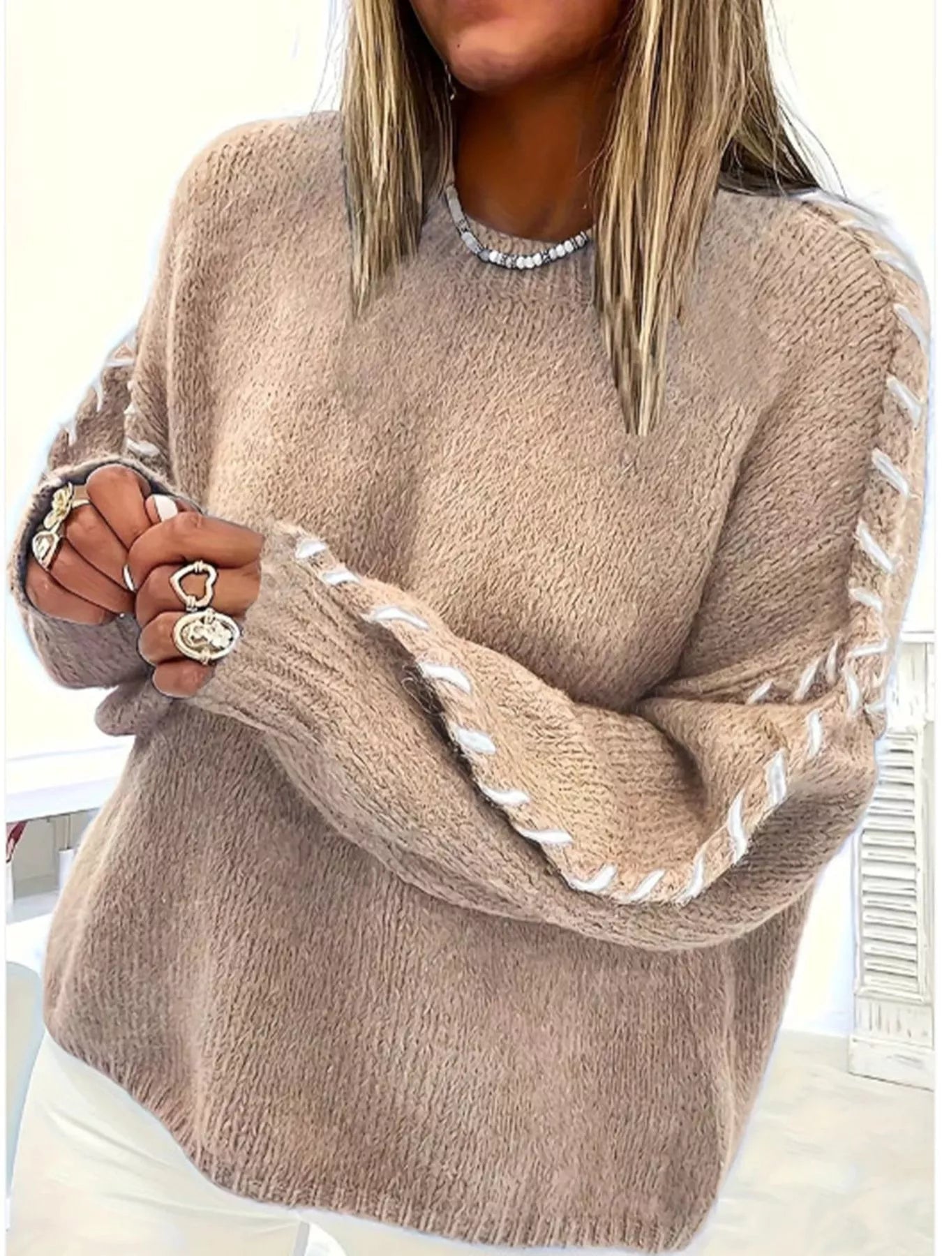 Contrast Stitching Dropped Shoulder Sweater 