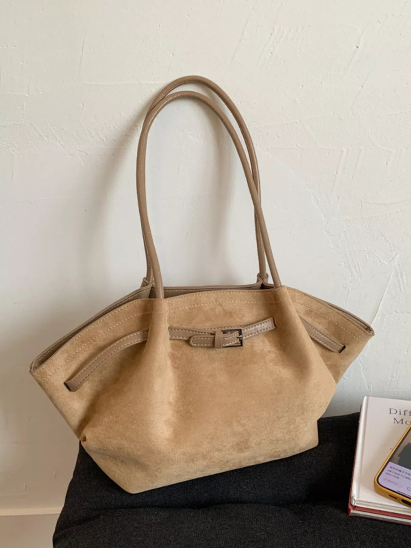 Solid Color Buckle Tote Bag 