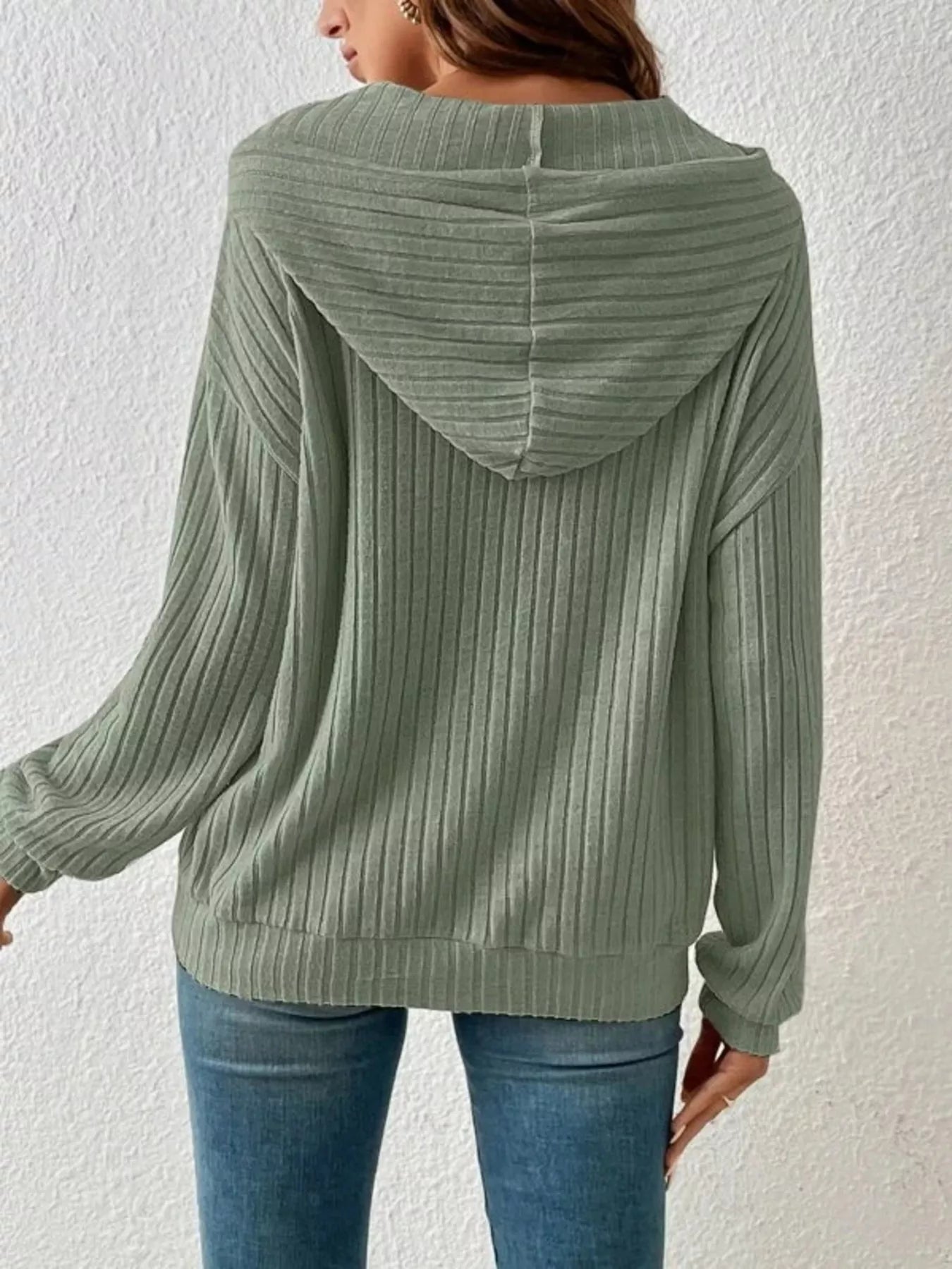 Casual Ribbed Knit Drawstring Hoodie 