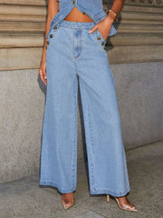 Button Decor High Rise Wide Leg Jeans 