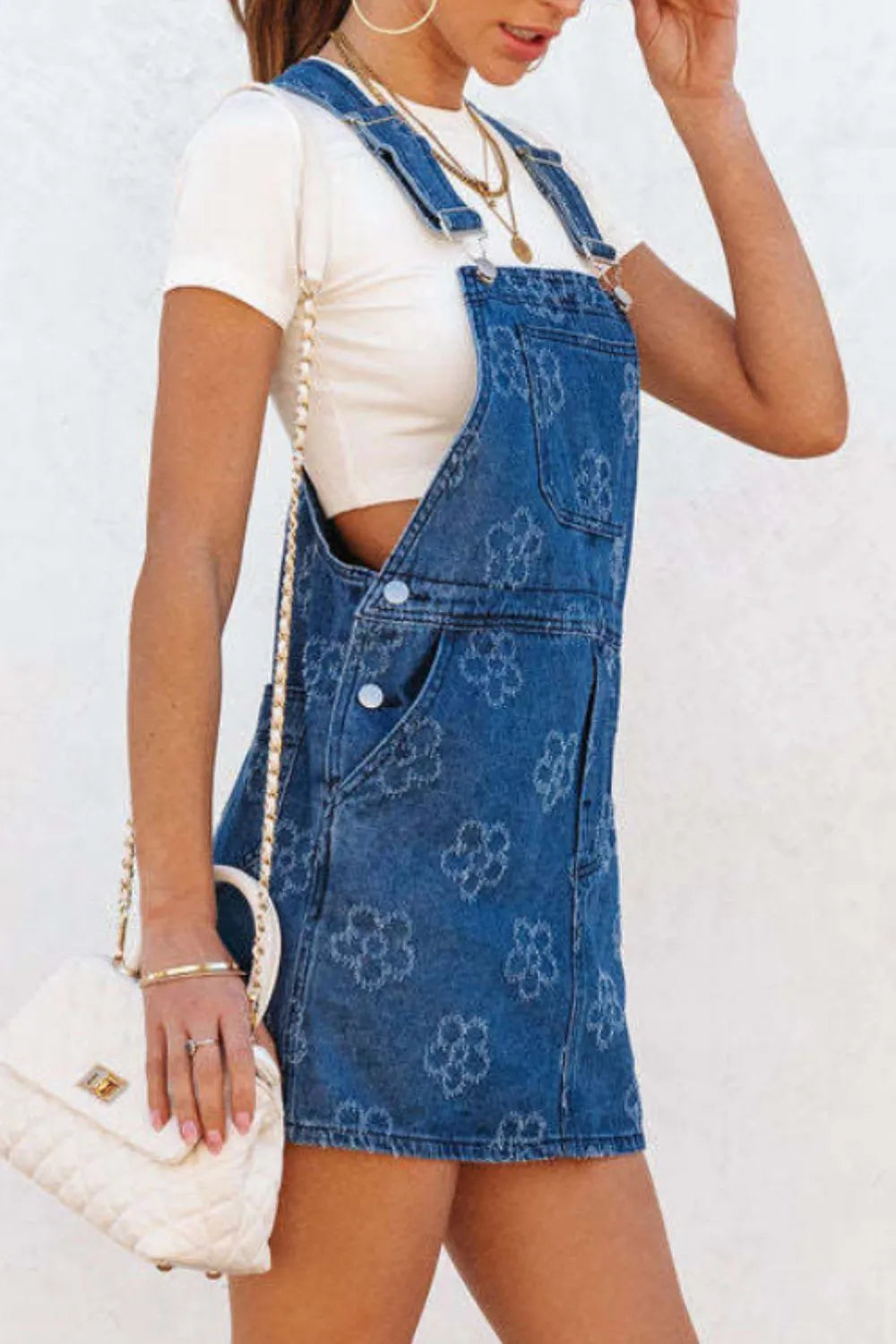 Flower Print Square Neck Denim Overall Dress 