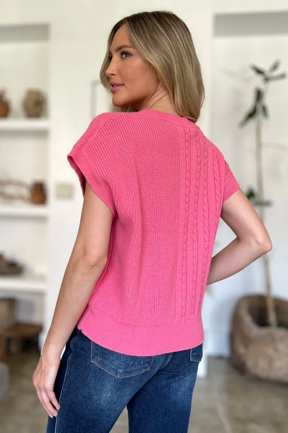 Double Take Full Size Cable-Knit Round Neck Short Sleeve Sweater 
