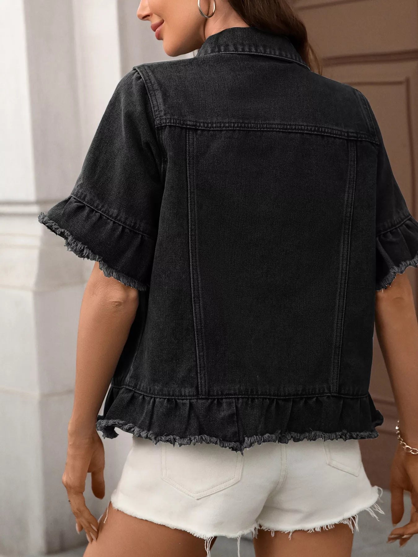 Raw Hem Button Up Denim Jacket 