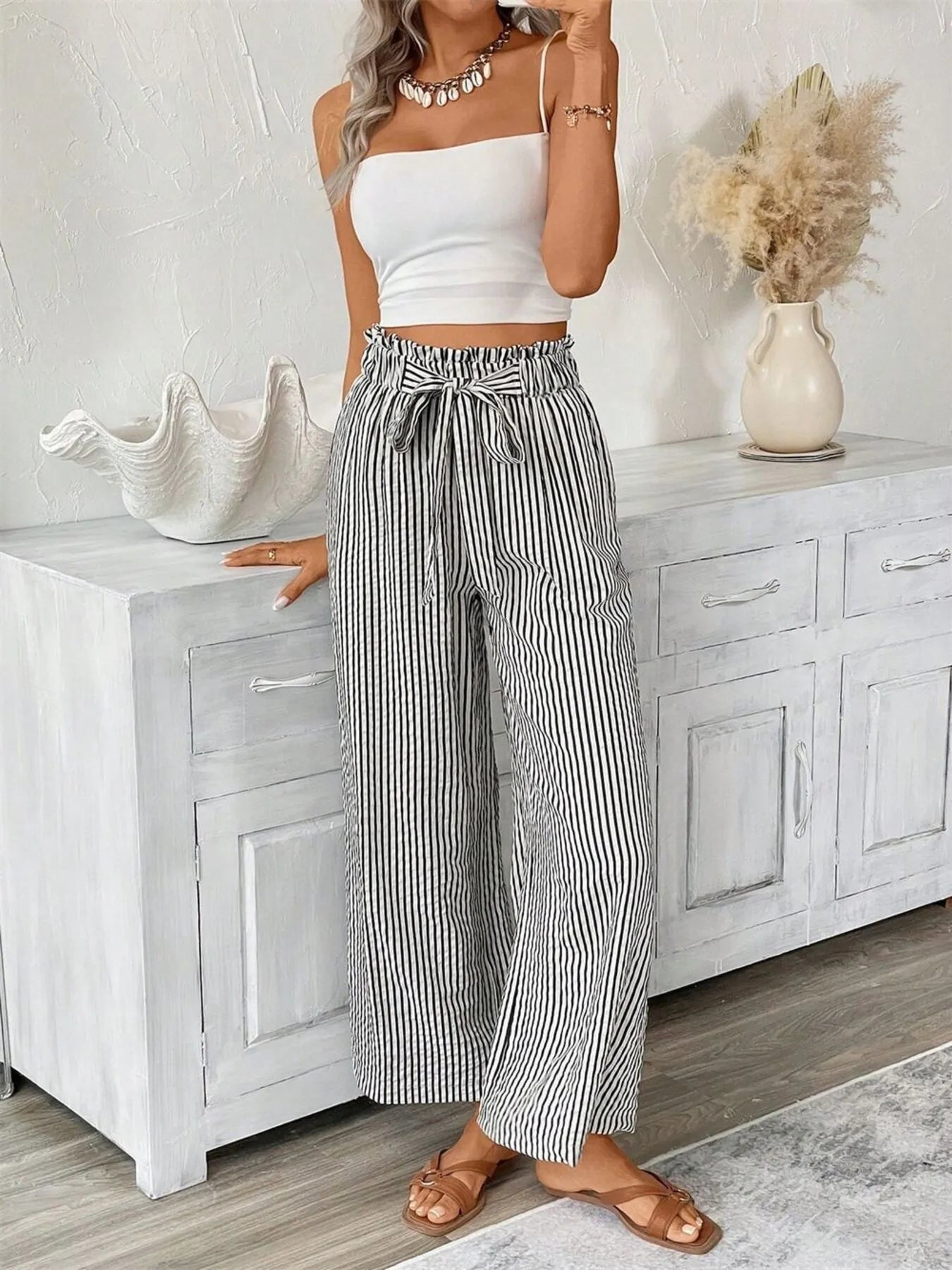 Full Size Striped Wide Leg Paper Bag Pants Plus Size 