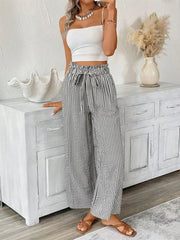 Full Size Striped Wide Leg Paper Bag Pants Plus Size 