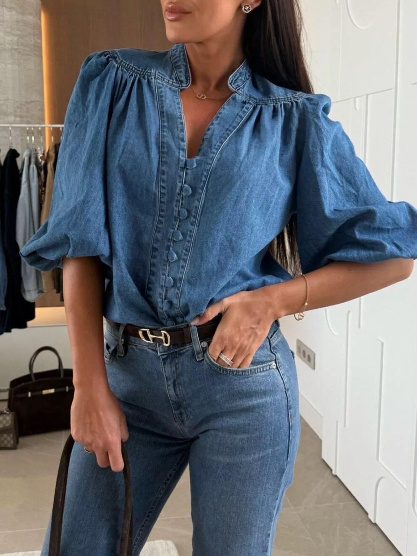 Button-Down Puff Sleeve Denim Top 