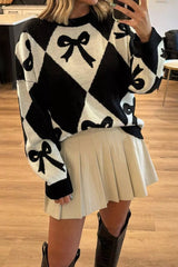 Bow Pattern Long Sleeve Contrast Sweater 