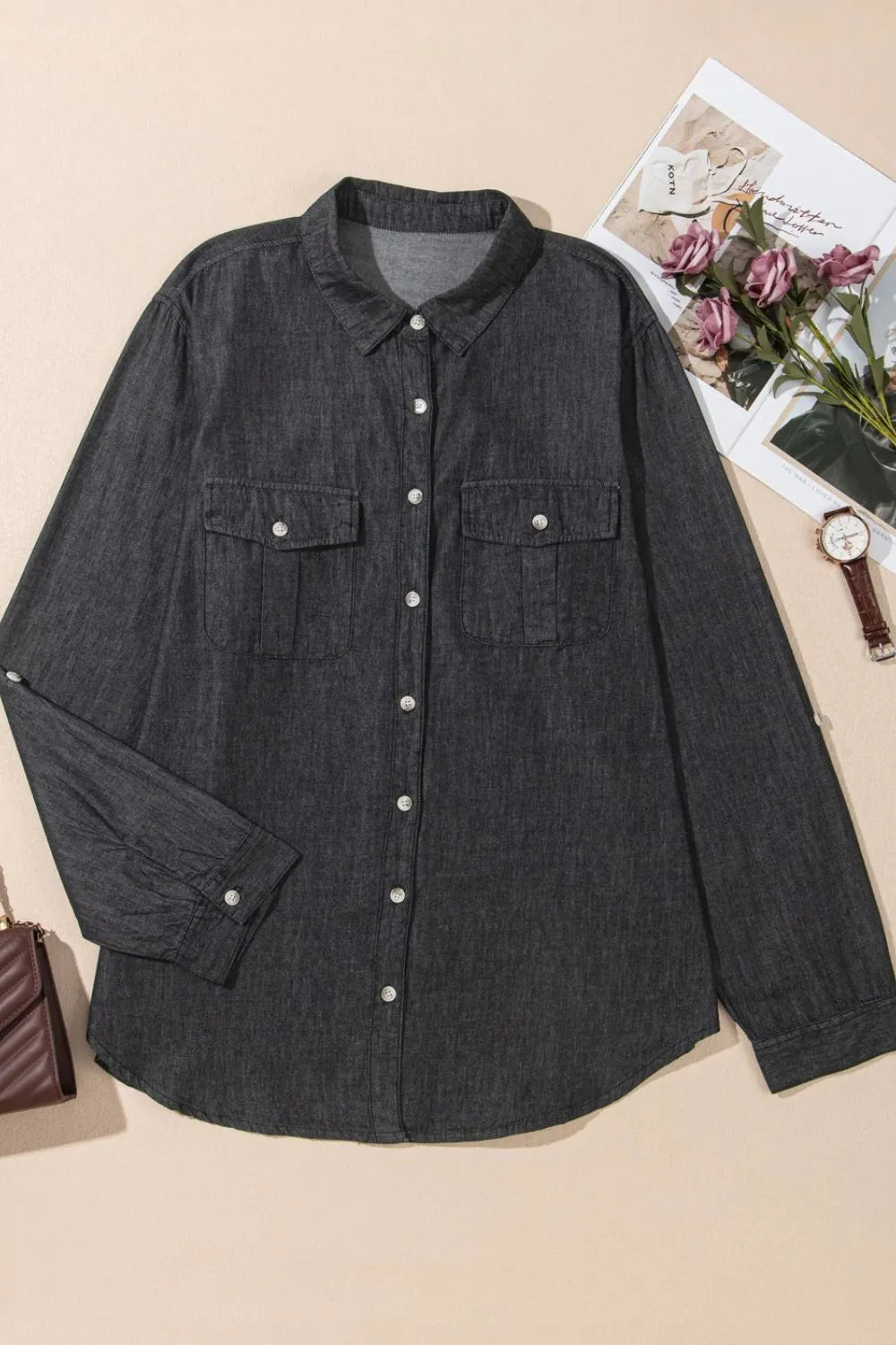 Pocketed Collared Neck Long Sleeve Denim Top 
