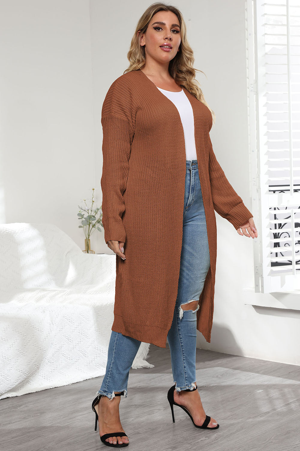 Plus Size Open Front Long Sleeve Cardigan 