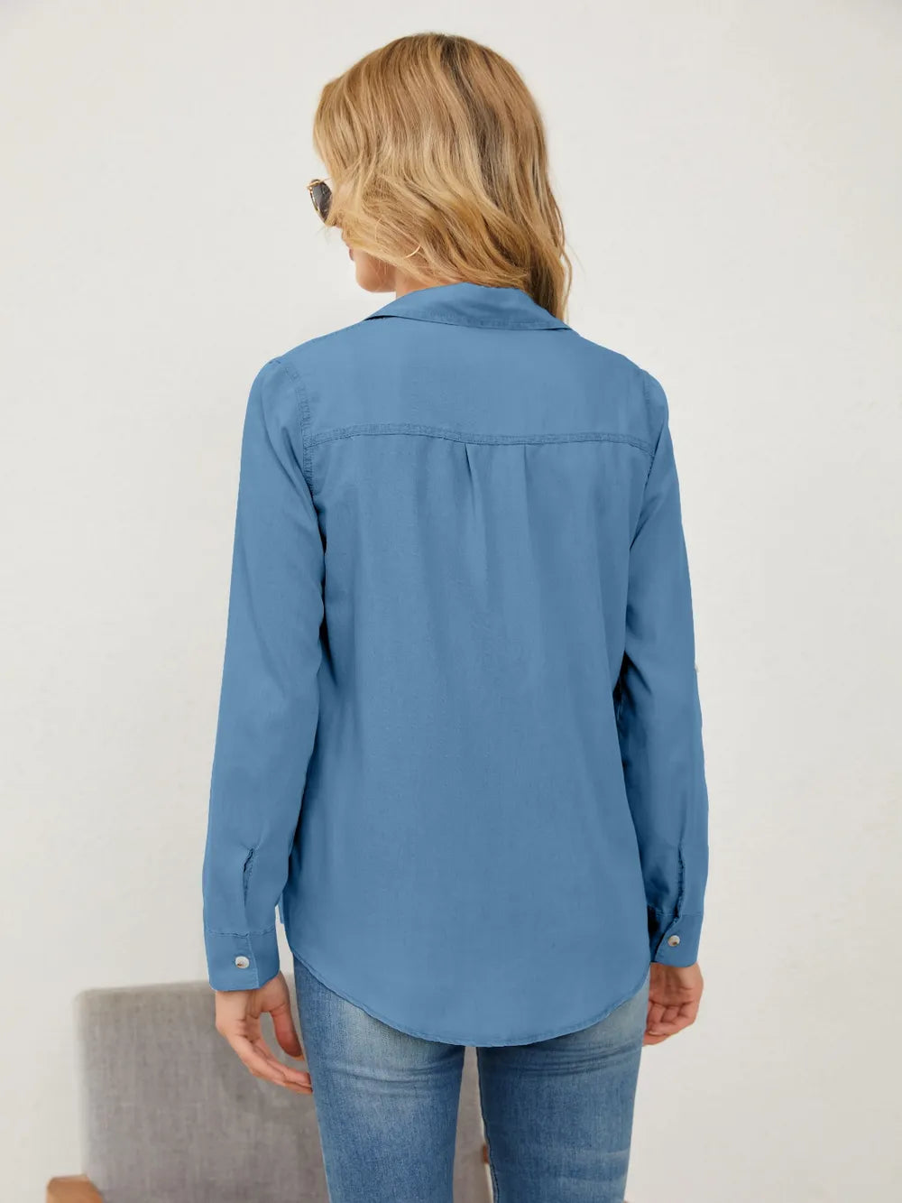 Pocketed Button Up Long Sleeve Denim Shirt 