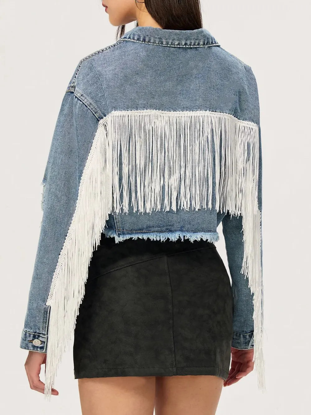 Distressed Fringe Collared Neck Cropped Denim Top 