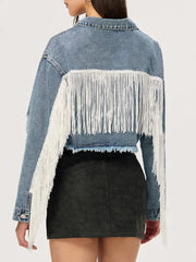 Distressed Fringe Collared Neck Cropped Denim Top 