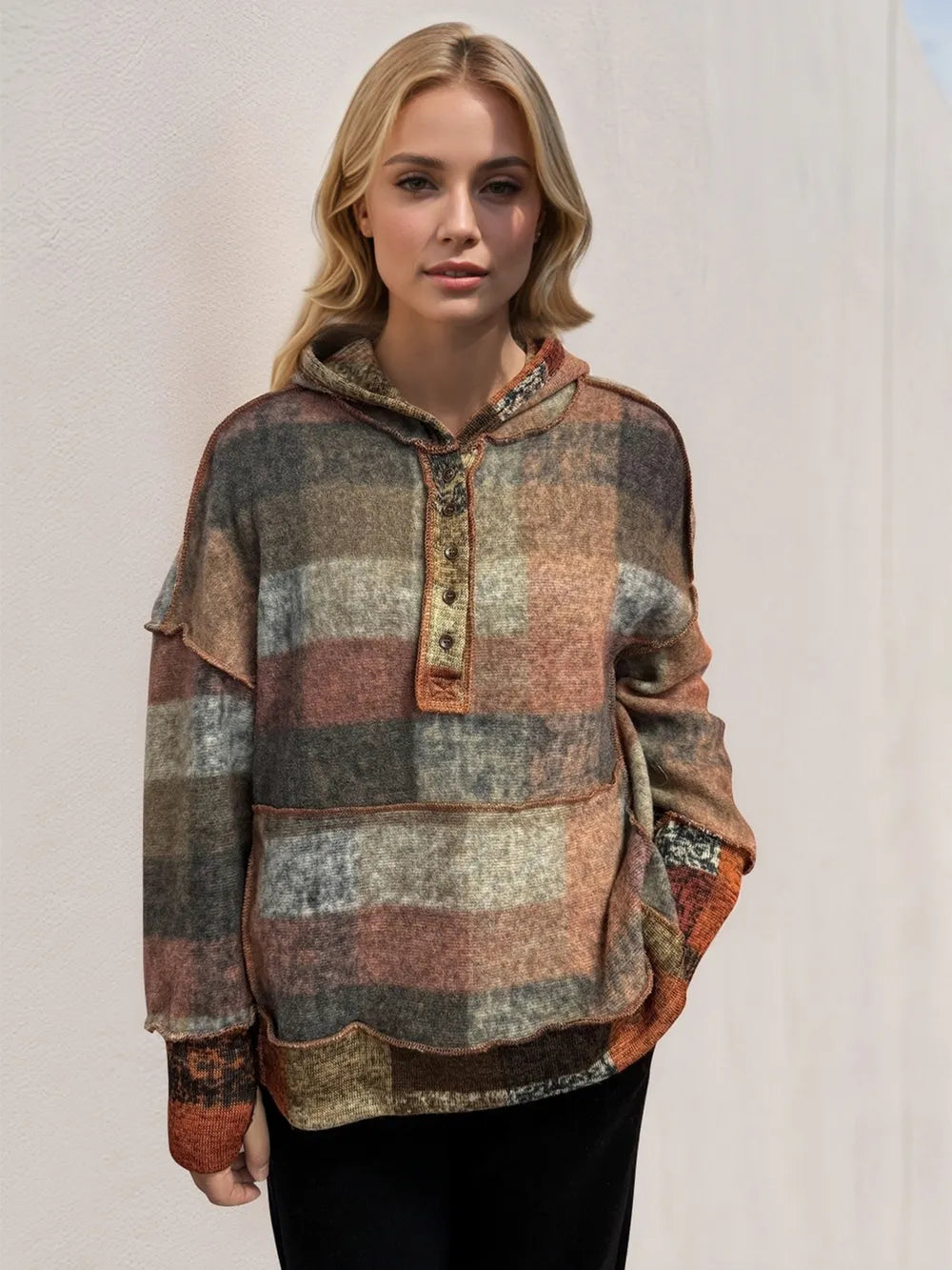 Double Take Full Size Plaid Dropped Shoulder Fleece Hoodie 