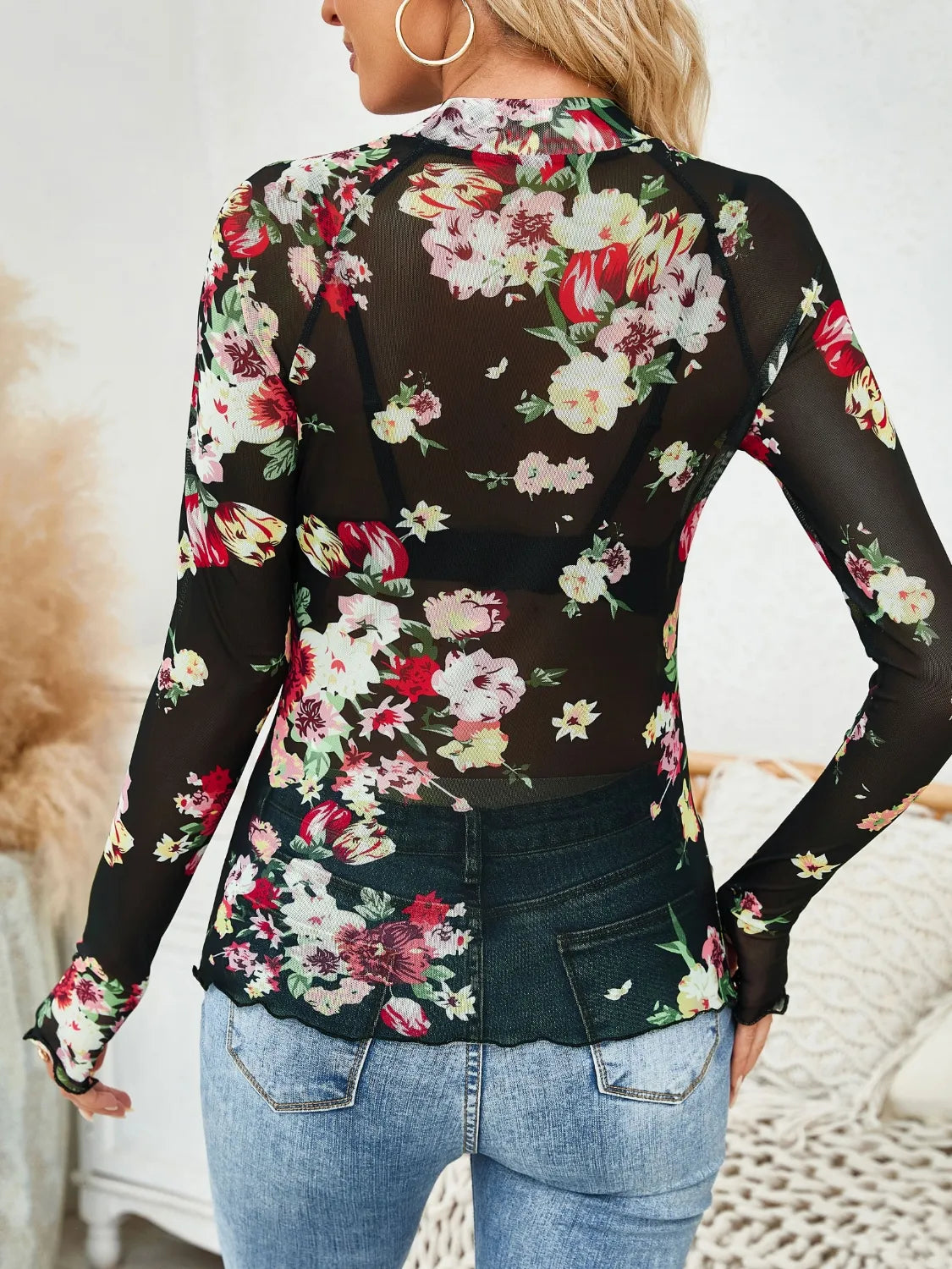 Floral Mock Neck Long Sleeve Top 