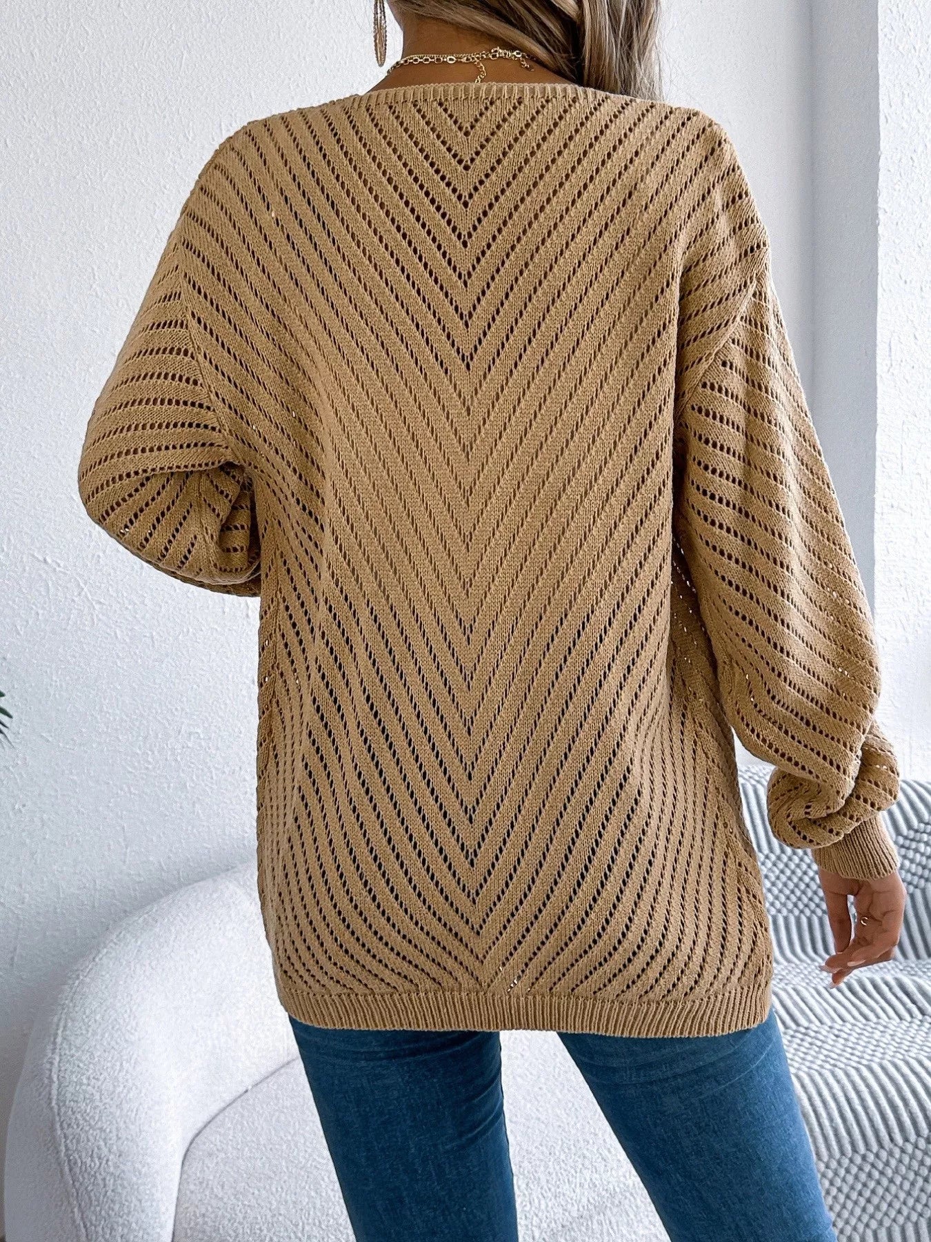 Openwork Open-Front Long Sleeve Cardigan 