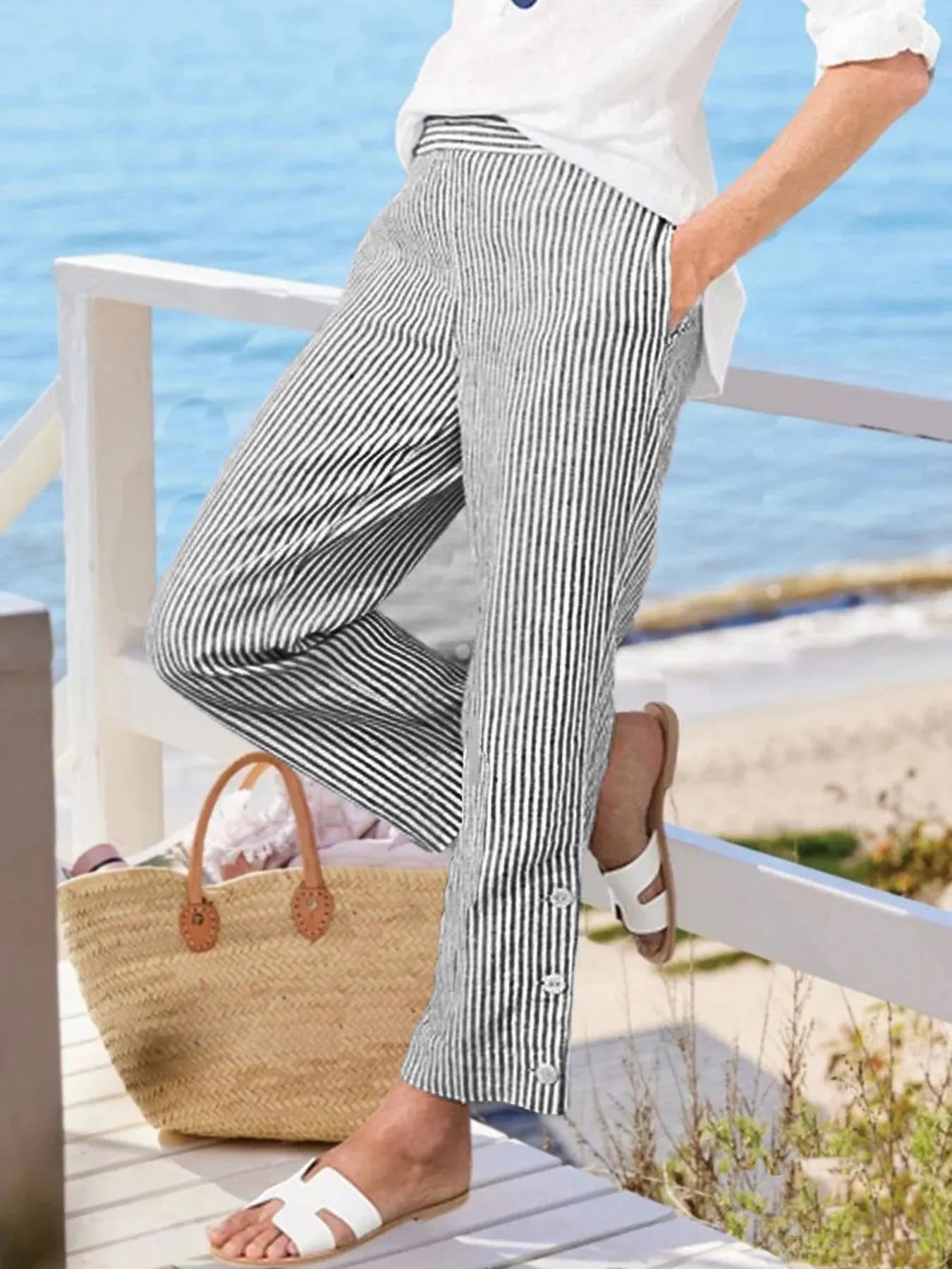 Full Size Striped Side Button Detail Pants Plus Size 