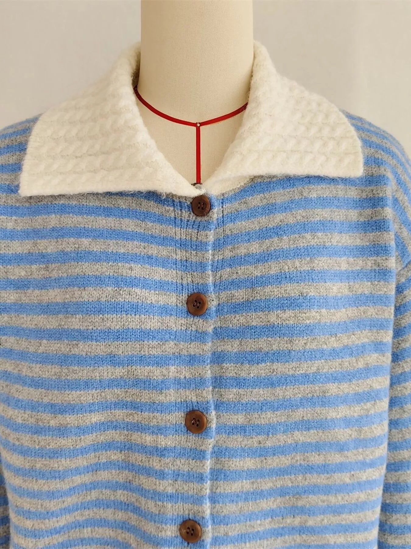 Striped Knit Button Down Cardigan with Collar 