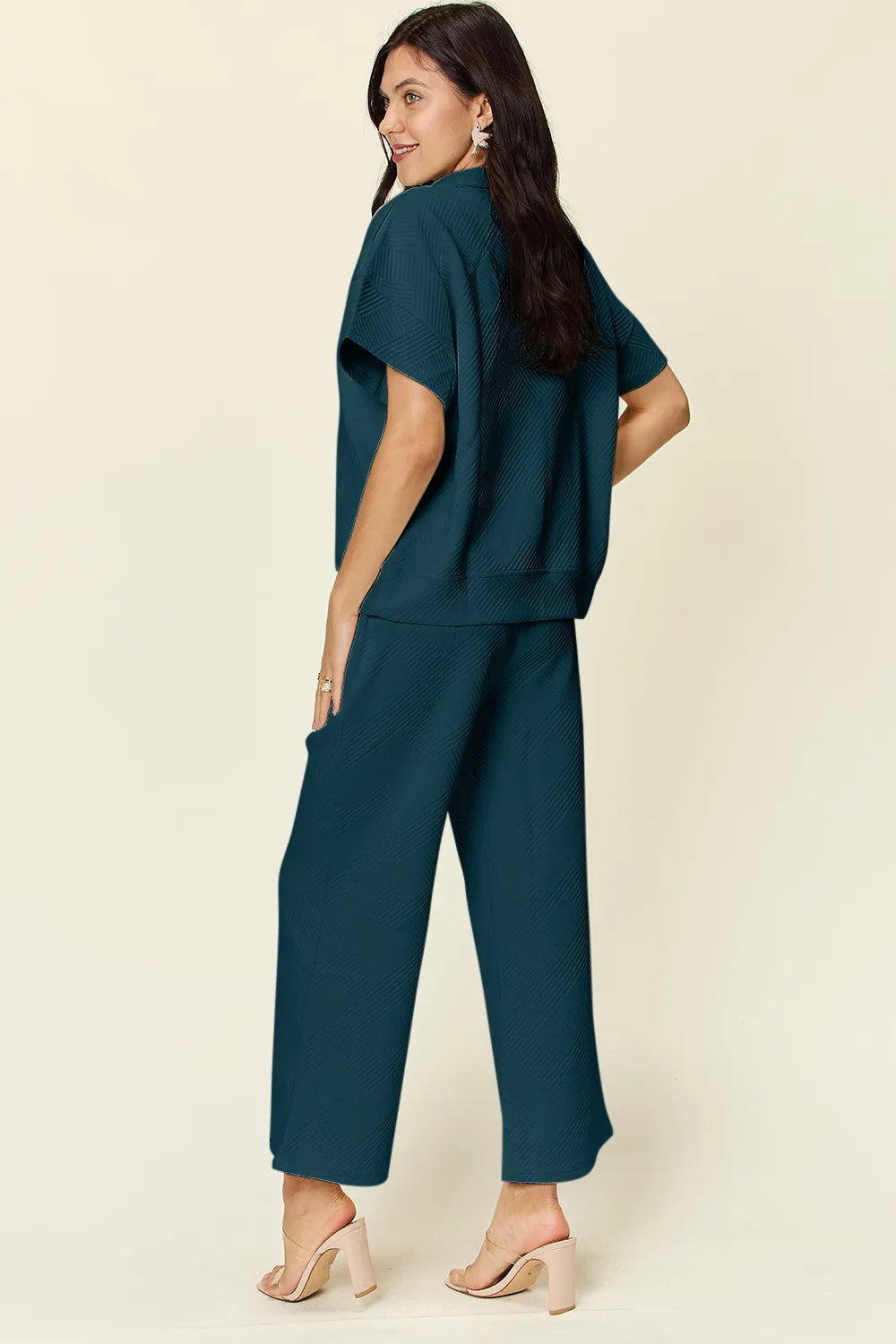 Double Take Full Size Texture Half Zip Short Sleeve Top and Pants Set 