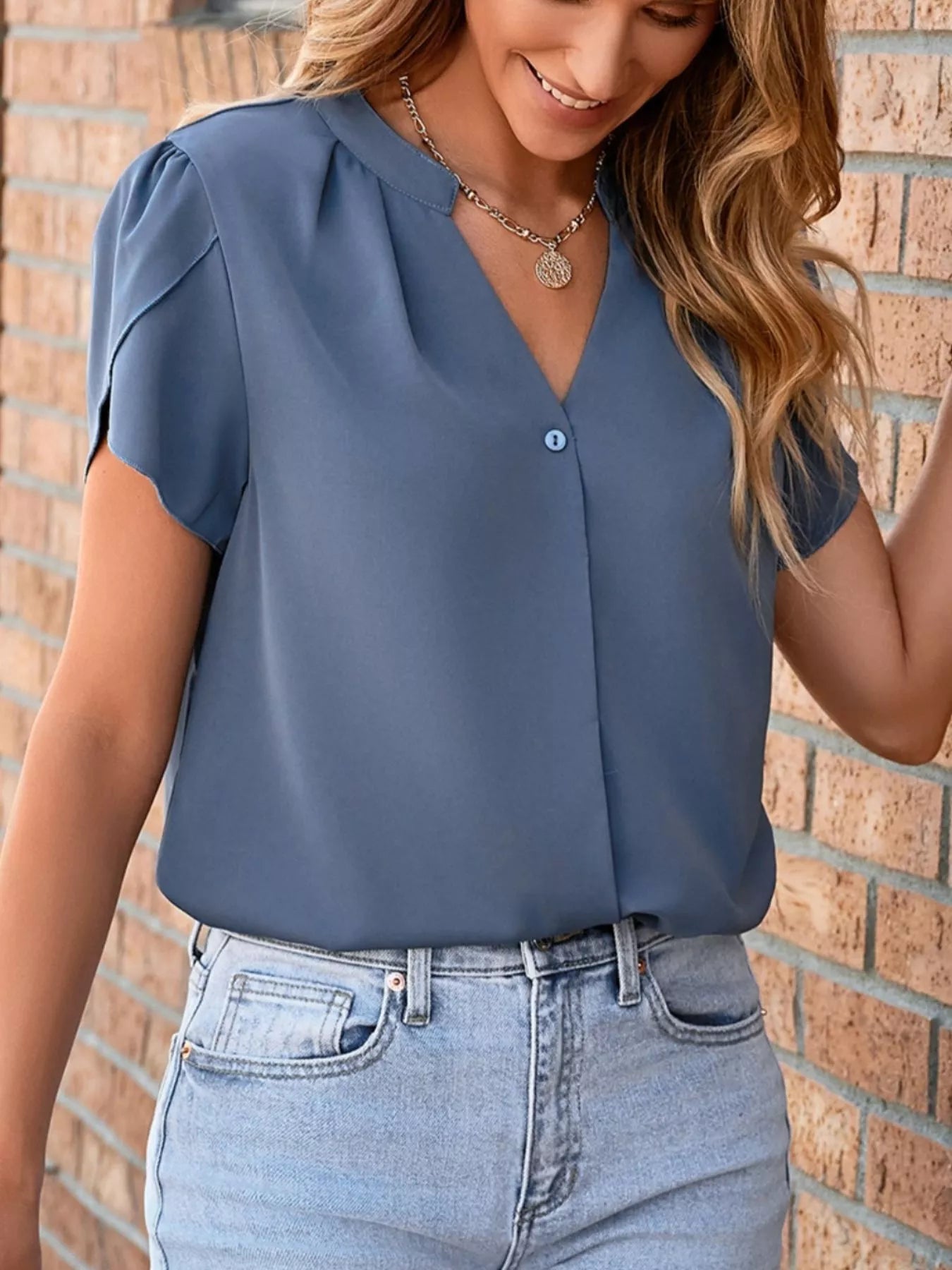 Notched Petal Sleeve Blouse 