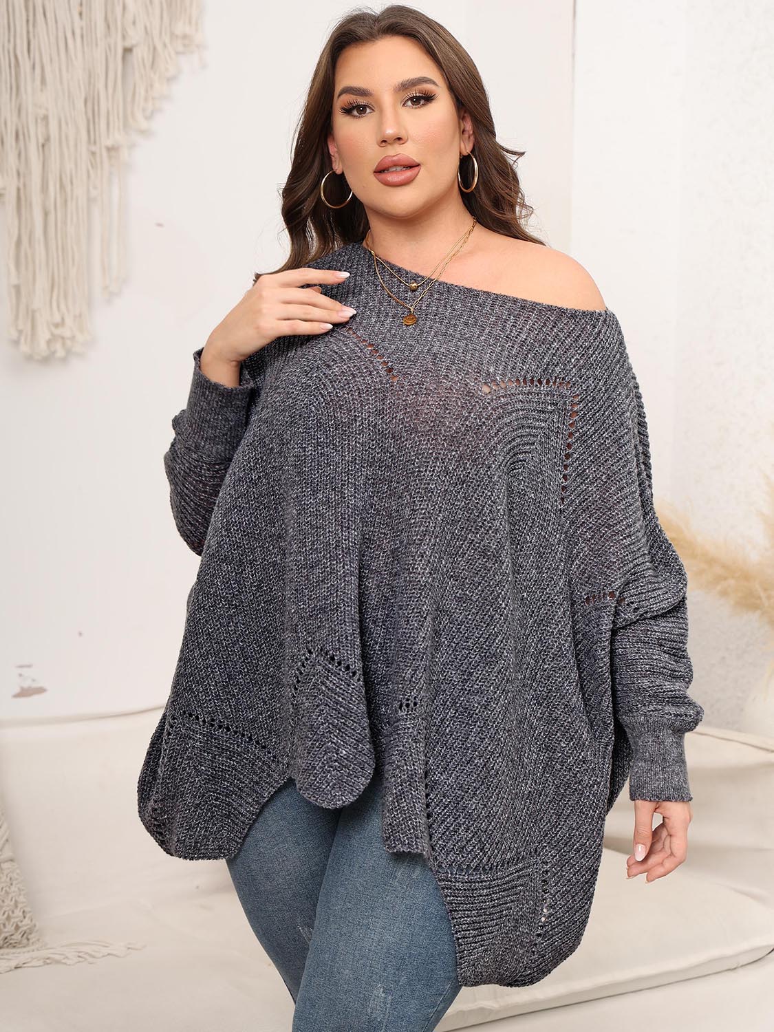 Plus Size Round Neck Batwing Sleeve Sweater 