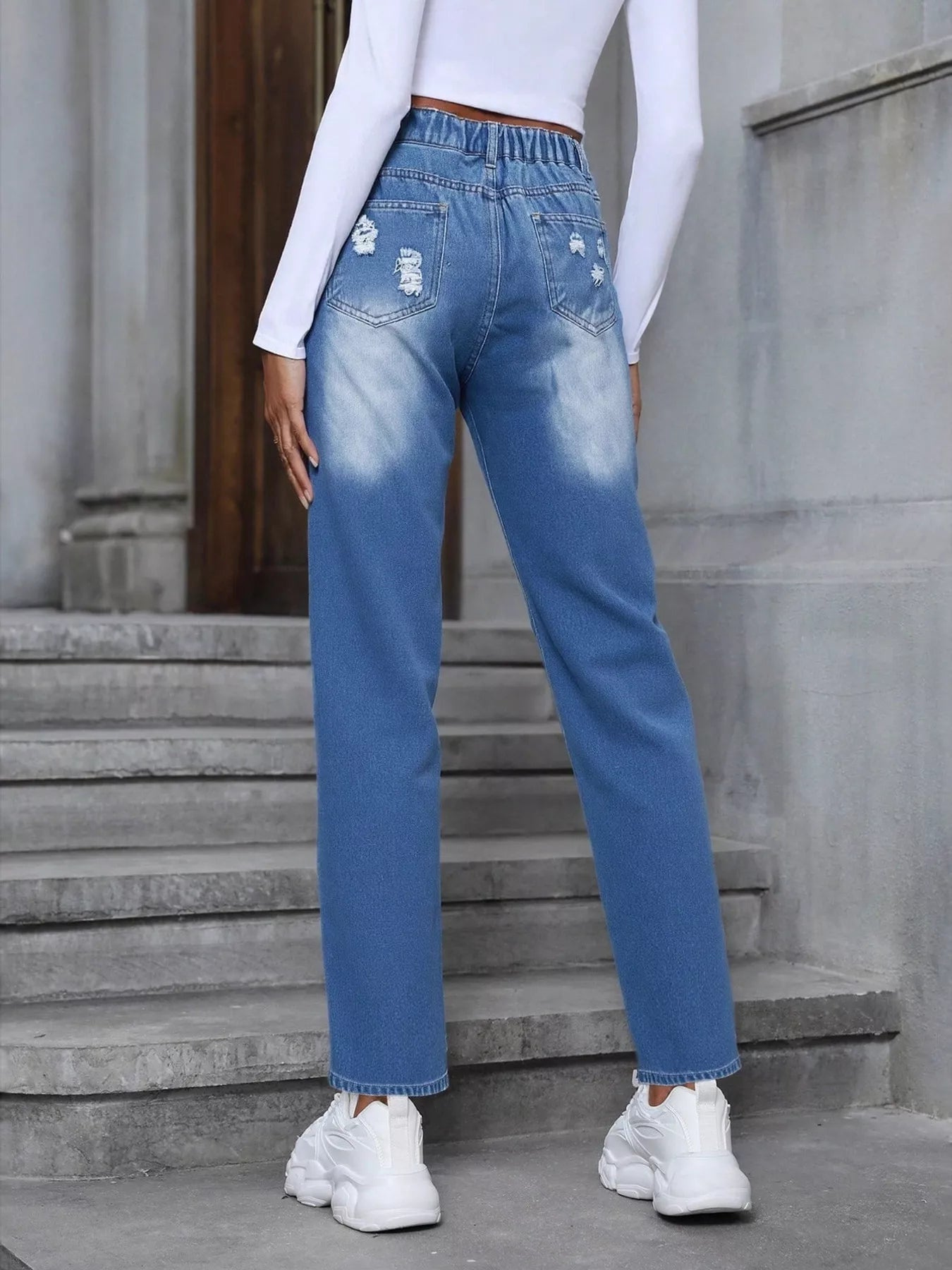 Floral Embroidered High Waist Distressed Jeans 