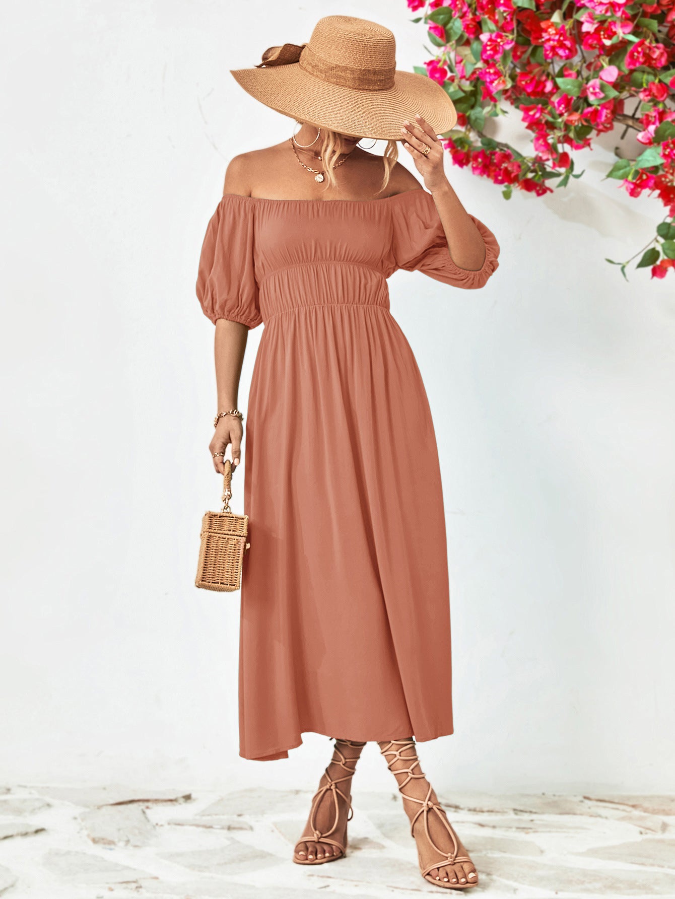 Off-Shoulder Balloon Sleeve Midi Dress 