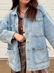 Patched Pockets Side Tie Denim Jacket 