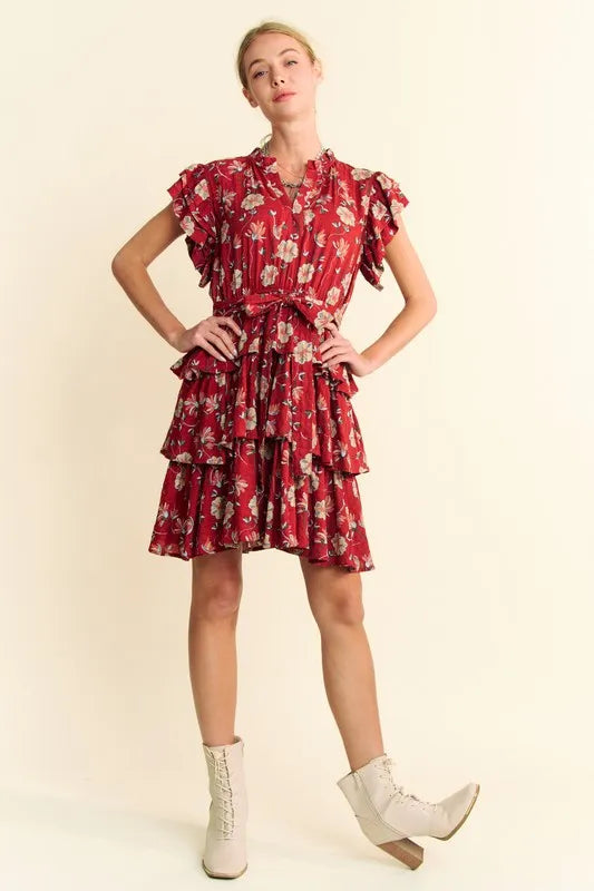 Davi & Dani Ruffle Flutter Sleeve Tie Belt Tiered Mini Dress 