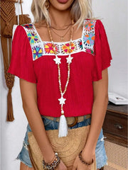 Embroidered Square Neck Flutter Sleeve Blouse 