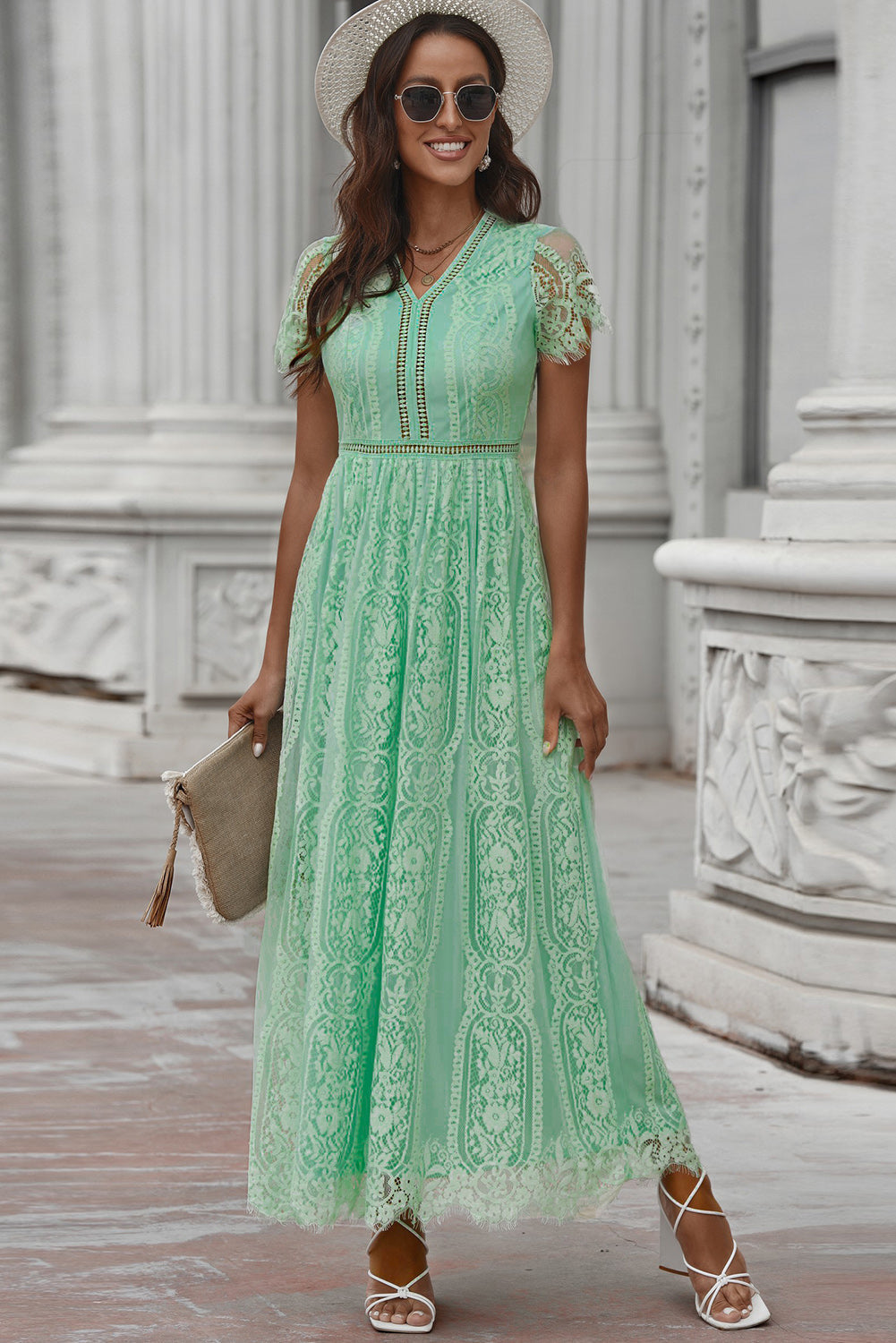Scalloped Trim Lace Plunge Dress 