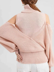 Waffle Knit Cold Shoulder Turtleneck Sweater 