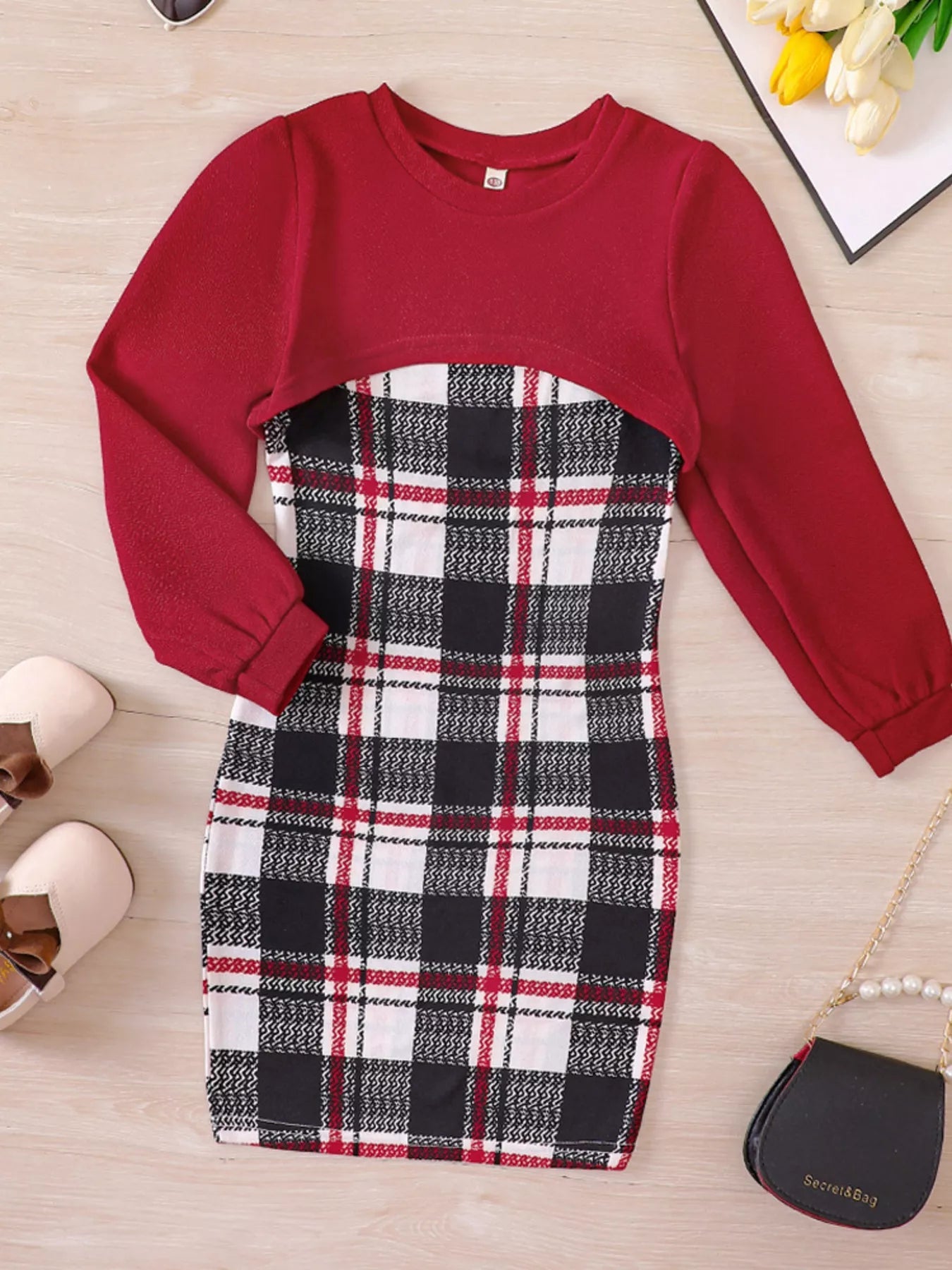 Children's Plaid Print Long Sleeve Dress Set 