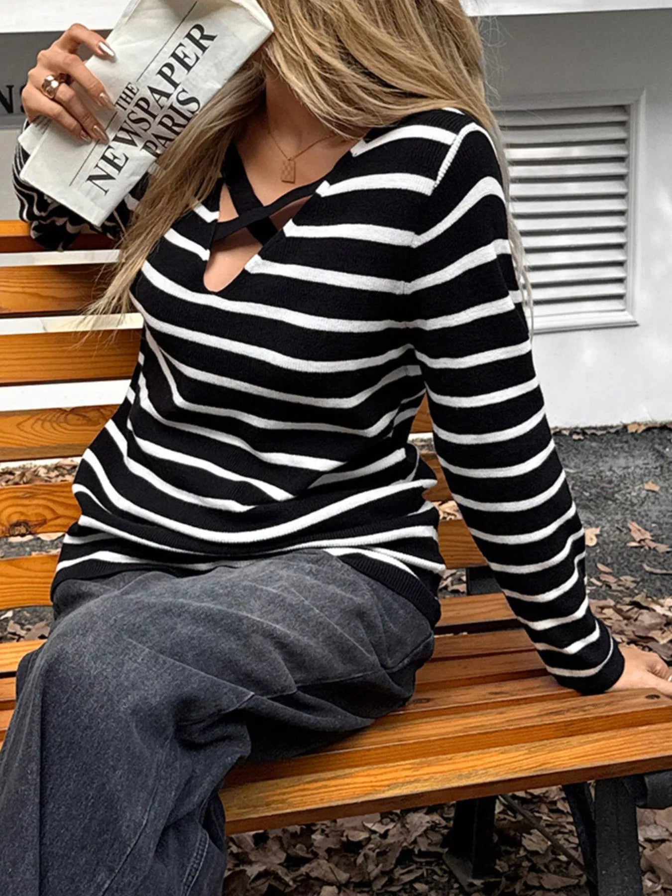 Striped Cross Front Long Sleeve Knit Top 
