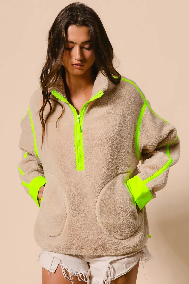 BiBi Contrast Edge Half Zip Up Sherpa Jacket 