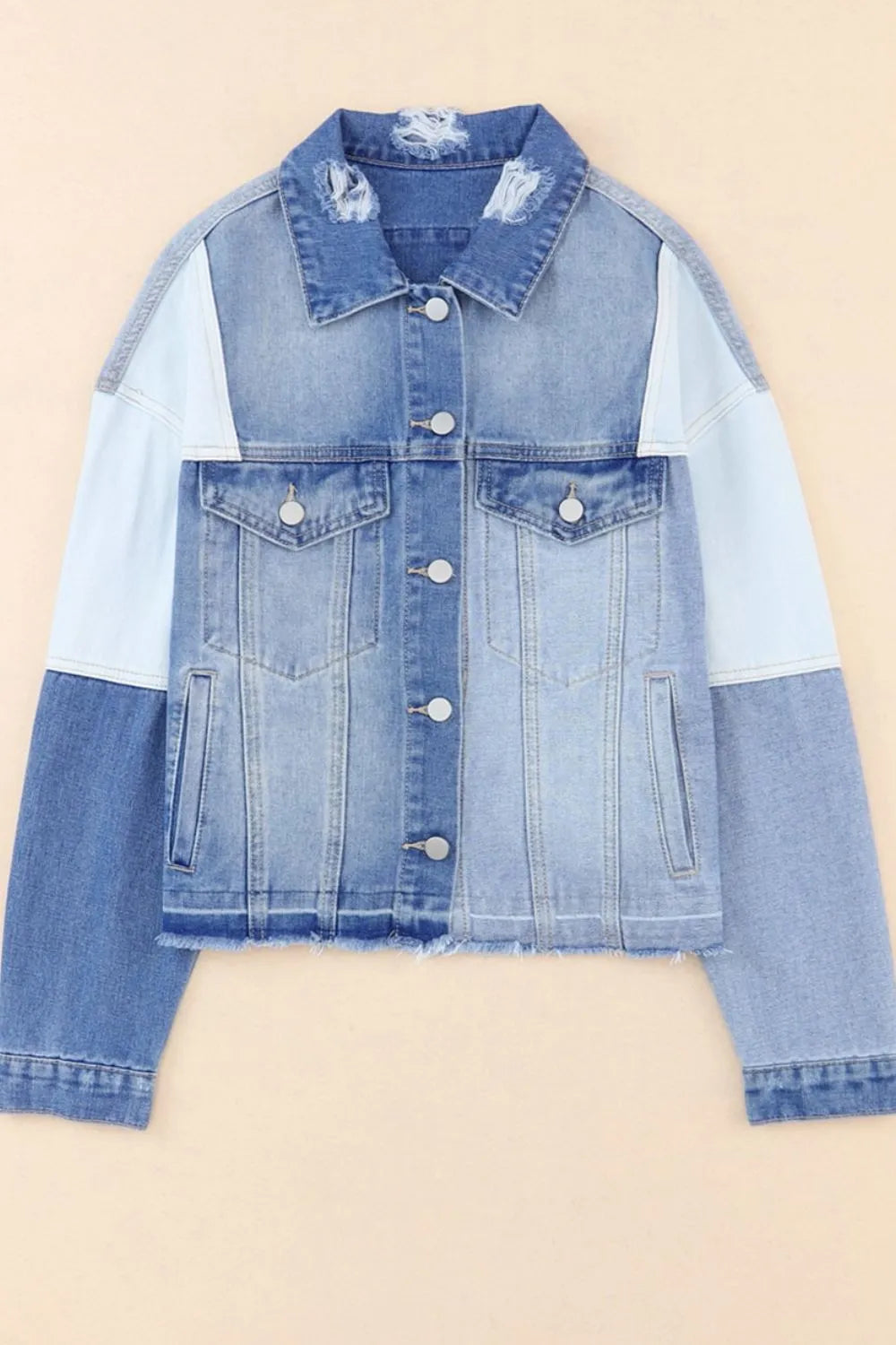 Distressed Button Up Drop Shoulder Denim Jacket 