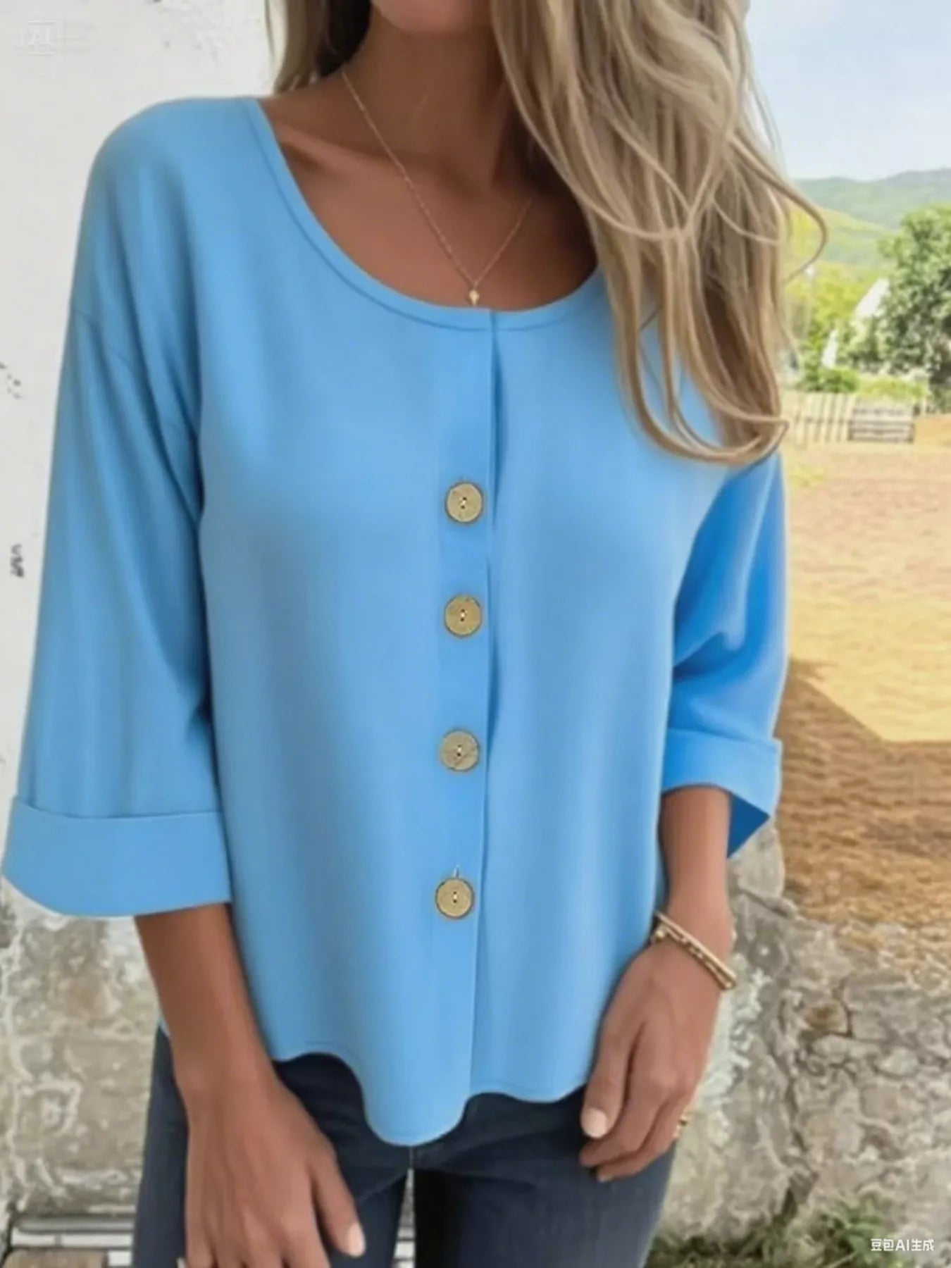 Full Size Button-Front 3/4 Sleeve Casual Blouse Plus Size 