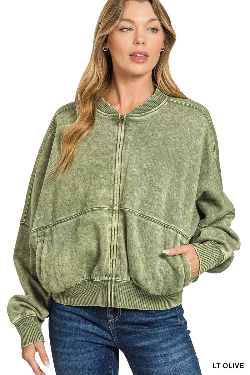 Zenana Acid Washed Fleece Jacket 