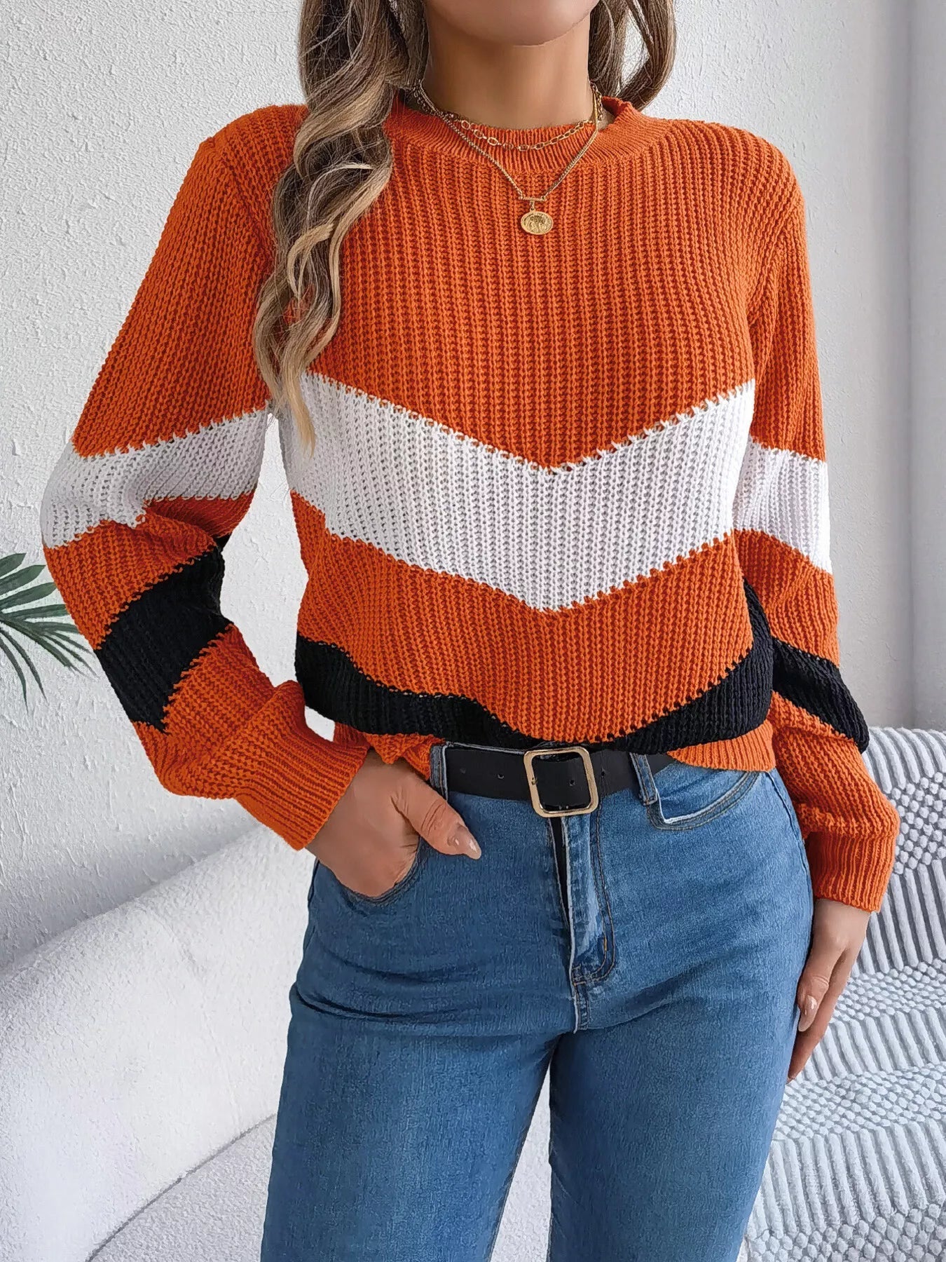 Chevron Stripe Color Block Round Neck Sweater 