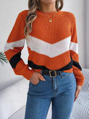 Chevron Stripe Color Block Round Neck Sweater 
