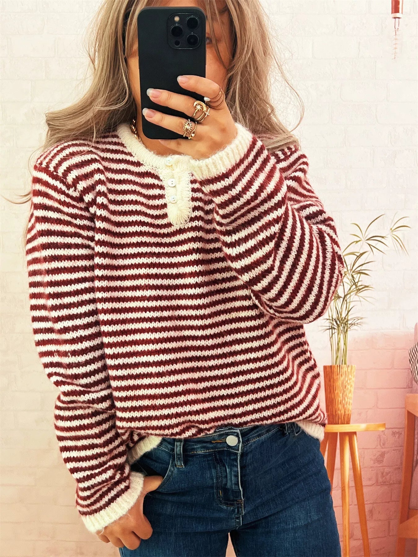 Striped Button Detail Long Sleeve Sweater 