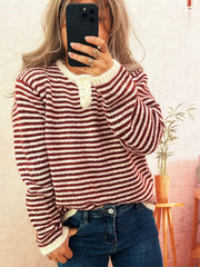 Striped Button Detail Long Sleeve Sweater 